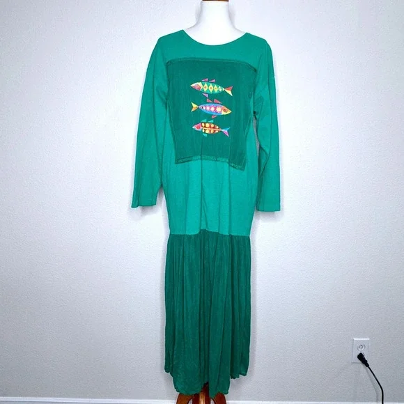 JOHNNY WAS T-Shirt Maxi Dress MED Long Sleeve Embroidered Fish Kelly Green - Picture 1 of 12